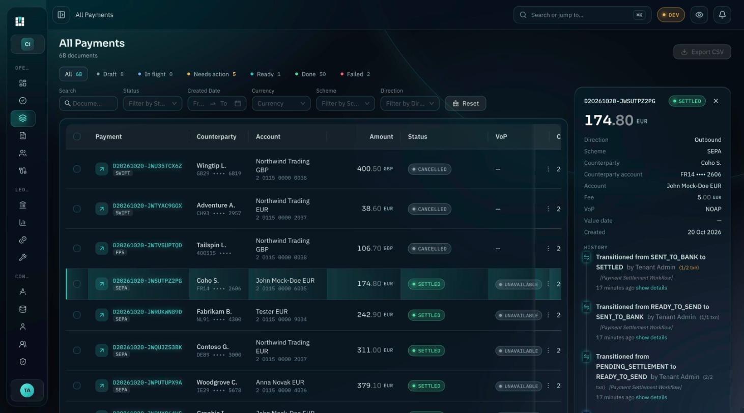 Bancorix — Payments list with peek panel