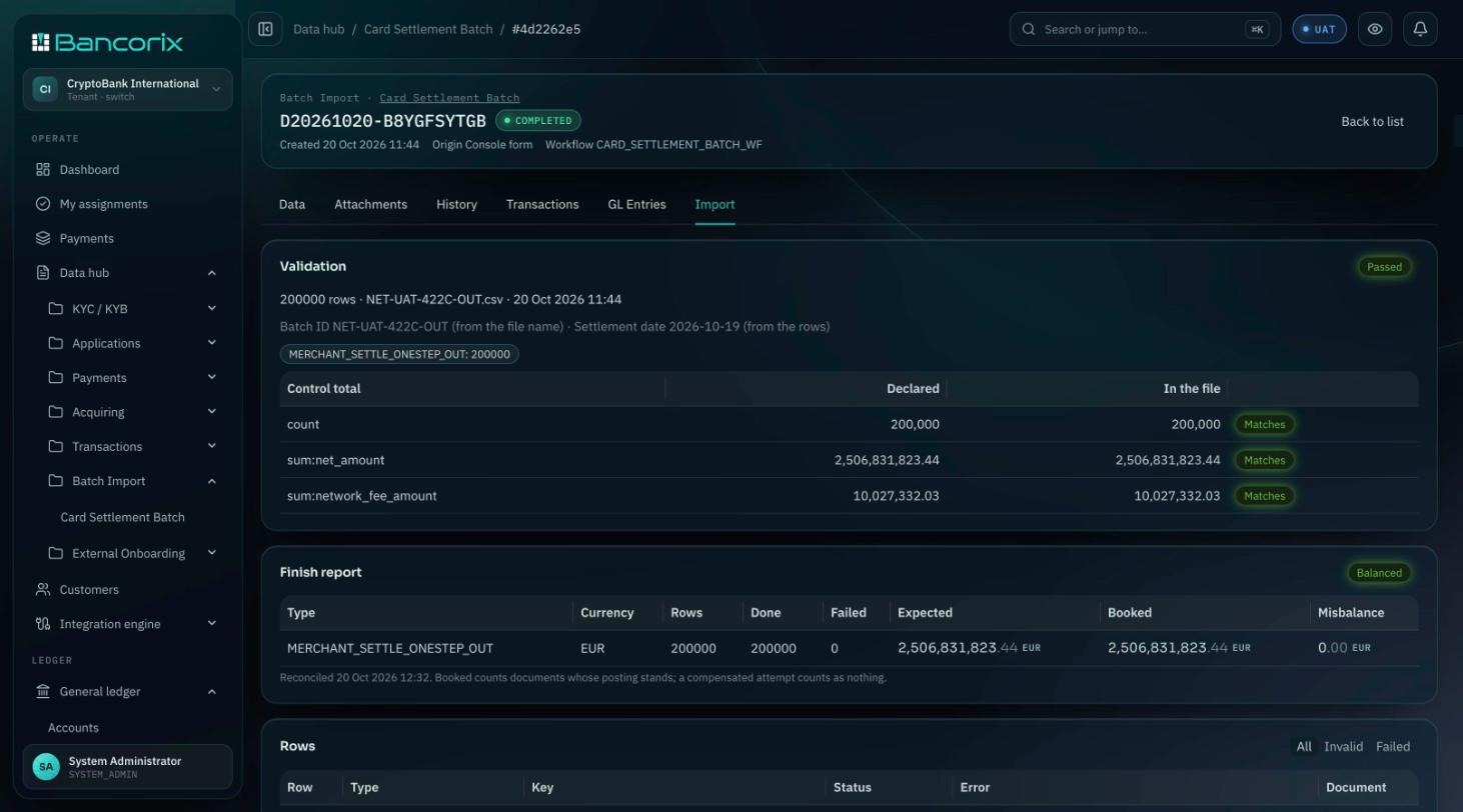 Bancorix — Settlement batch import